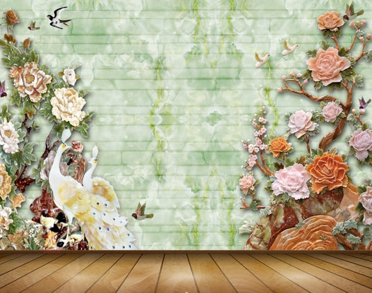 Avikalp MWZ0028 Peacocks Birds Orange Pink Flowers 3D HD Wallpaper