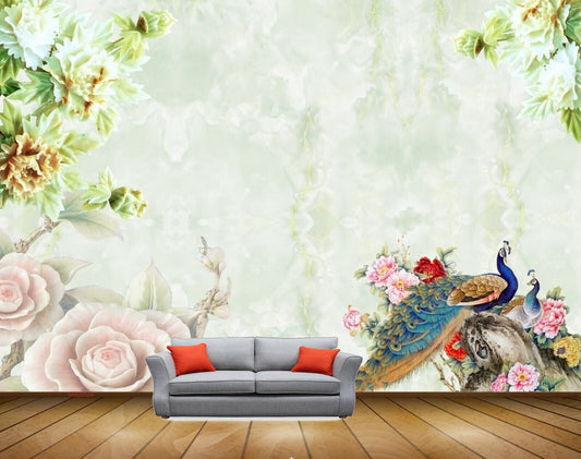 Avikalp MWZ0029 Peacocks Flowers Plants HD Wallpaper