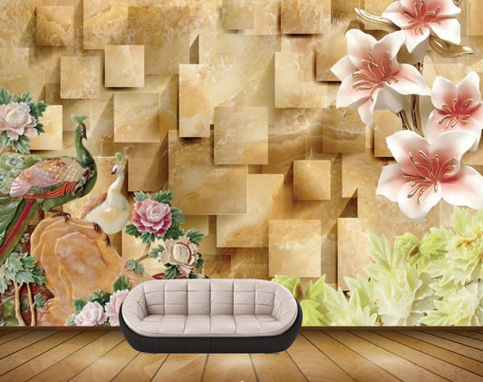 Avikalp MWZ0031 Peacocks Flowers Leaves Plants HD Wallpaper