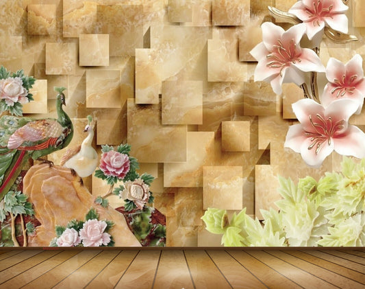 Avikalp MWZ0031 Peacocks Flowers Leaves Plants 3D HD Wallpaper