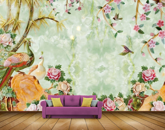 Avikalp MWZ0033 Peacocks Birds Flowers Creepers Plants HD Wallpaper