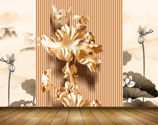 Avikalp MWZ0035 Reddish Flowers Butterflies Leaves 3D HD Wallpaper