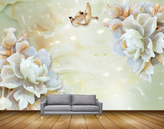 Avikalp MWZ0041 White Pink Flowers Birds HD Wallpaper