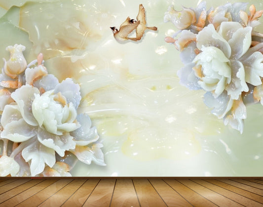 Avikalp MWZ0041 White Pink Flowers Birds 3D HD Wallpaper