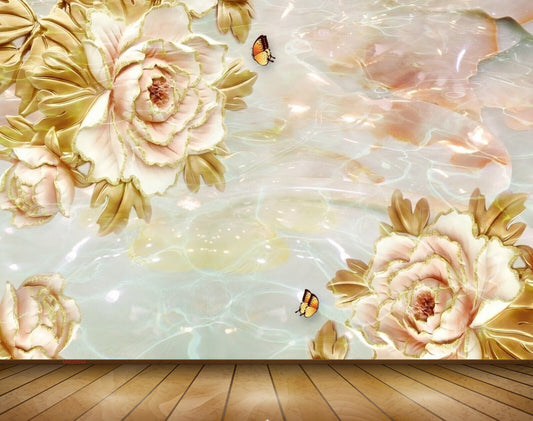 Avikalp MWZ0044 White Pink Flowers Butterflies 3D HD Wallpaper