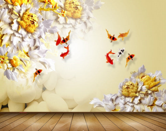 Avikalp MWZ0062 Yellow White Flowers Fishes 3D HD Wallpaper