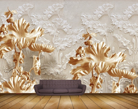 Avikalp MWZ0072 White Golden Flowers Leaves HD Wallpaper