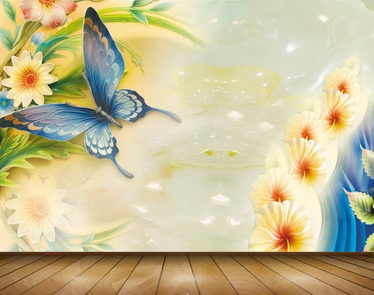 Avikalp MWZ0074 White Orange Flowers Blue Butterfly 3D HD Wallpaper
