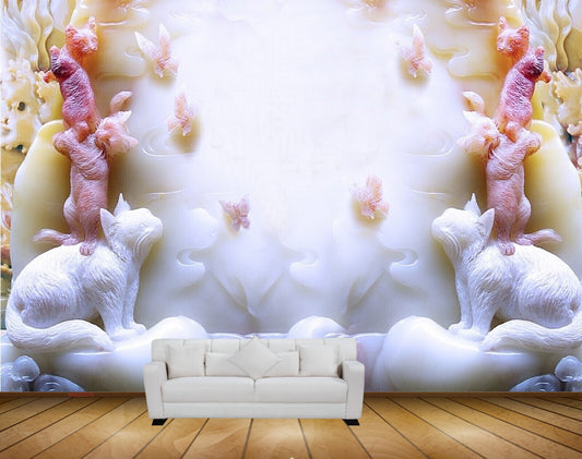 Avikalp MWZ0076 White Pink Cats Butterflies HD Wallpaper