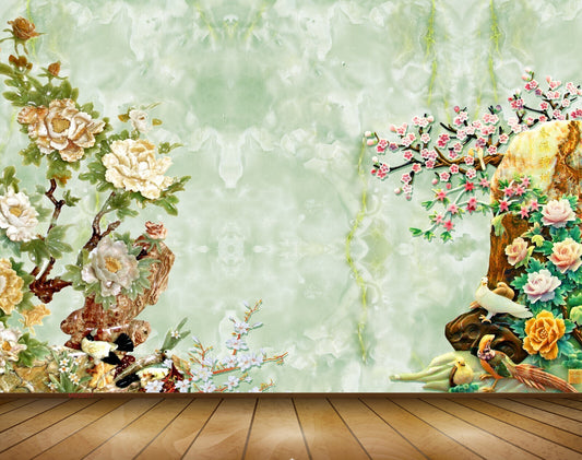 Avikalp MWZ0077 White Pink Flowers Birds 3D HD Wallpaper