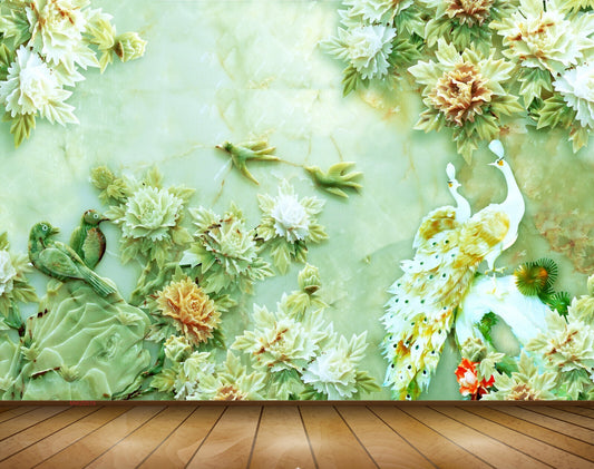 Avikalp MWZ0078 White Green Peacocks Birds Flowers 3D HD Wallpaper