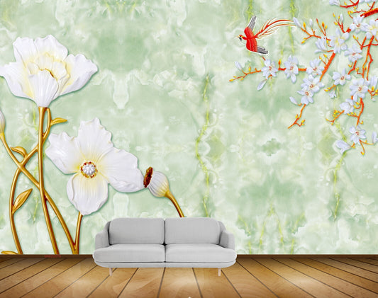 Avikalp MWZ0079 White Flowers Birds Creepers HD Wallpaper