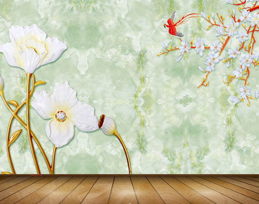 Avikalp MWZ0079 White Flowers Birds Creepers 3D HD Wallpaper