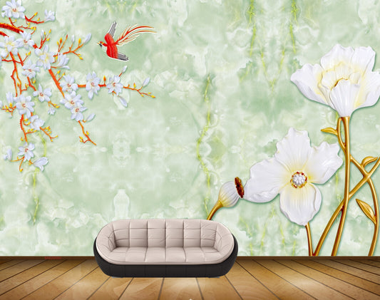 Avikalp MWZ0080 White Flowers Birds Creepers HD Wallpaper