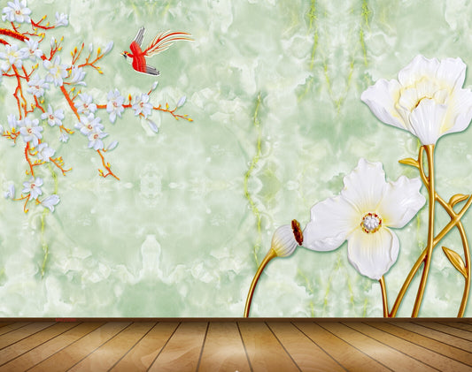 Avikalp MWZ0080 White Flowers Birds Creepers 3D HD Wallpaper