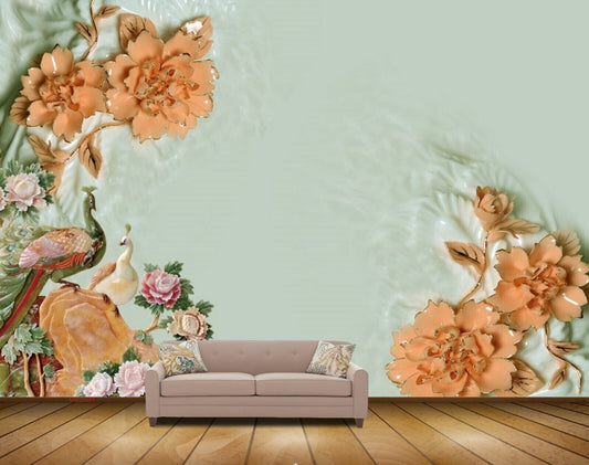 Avikalp MWZ0081 Pink Orange Flowers Peacocks HD Wallpaper