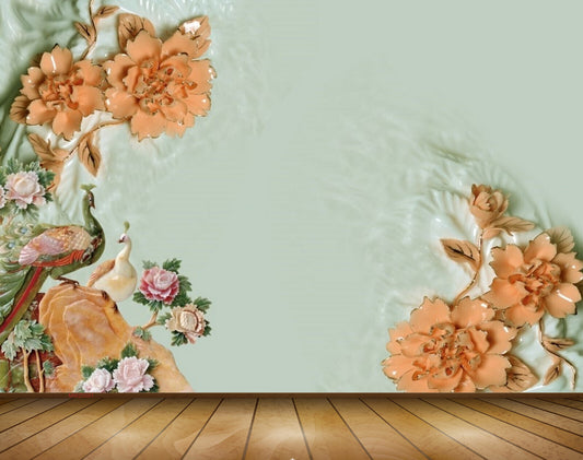 Avikalp MWZ0081 Pink Orange Flowers Peacocks 3D HD Wallpaper