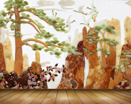 Avikalp MWZ0083 Trees Swans Birds Pink flowers 3D HD Wallpaper