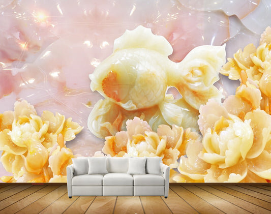 Avikalp MWZ0086 White Orange Flowers Fishes HD Wallpaper