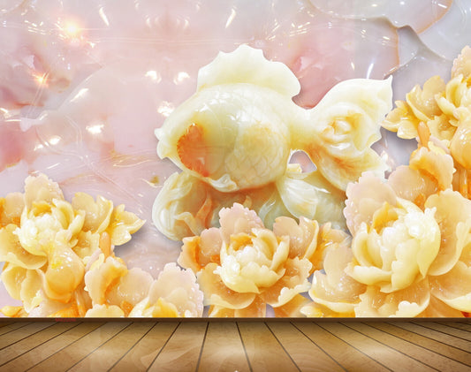 Avikalp MWZ0086 White Orange Flowers Fishes 3D HD Wallpaper