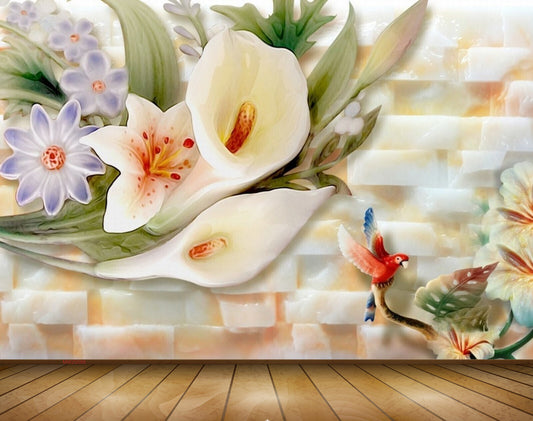 Avikalp MWZ0088 White Purple Tulips Flowers Birds 3D HD Wallpaper