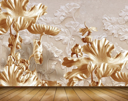 Avikalp MWZ0089 Golden White Flowers 3D HD Wallpaper