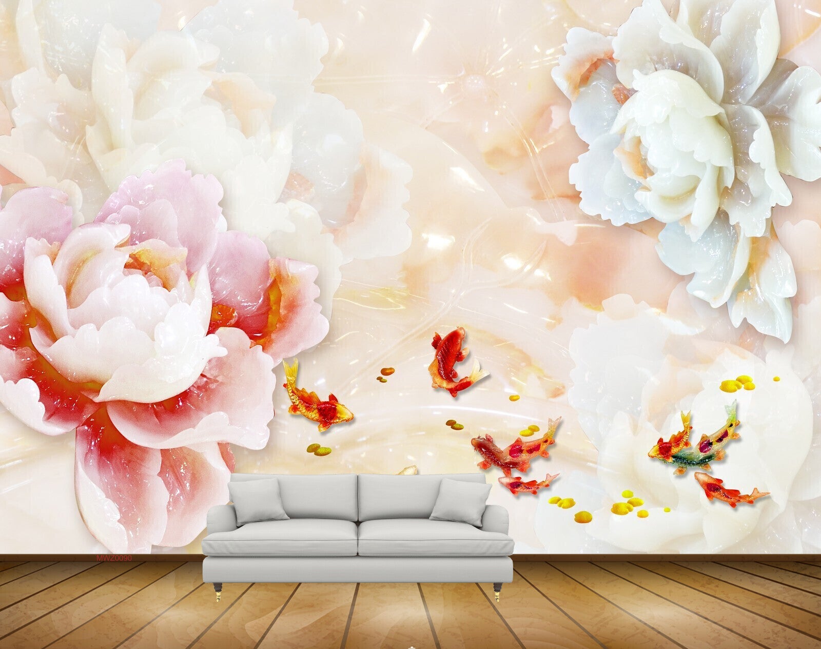 Avikalp MWZ0090 Red White Flowers Fishes 3D HD Wallpaper Avikalp MWZ0090 Red White Flowers Fishes 3D HD Wallpaper