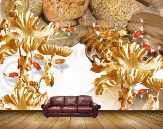 Avikalp MWZ0097 Golden Fishes Flowers Plants HD Wallpaper