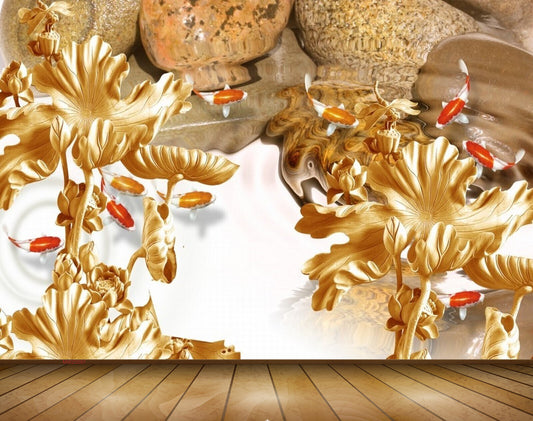 Avikalp MWZ0097 Golden Fishes Flowers Plants 3D HD Wallpaper