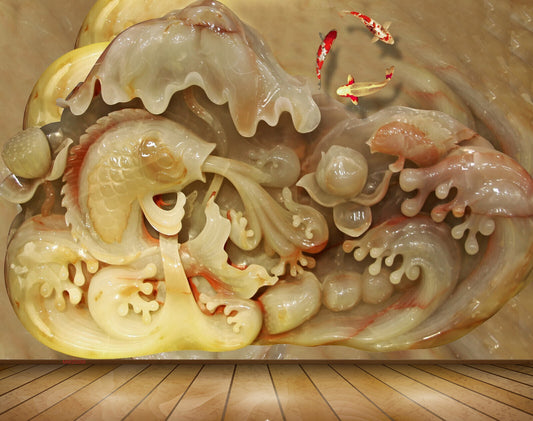 Avikalp MWZ0098 White Green Fishes Flowers 3D HD Wallpaper