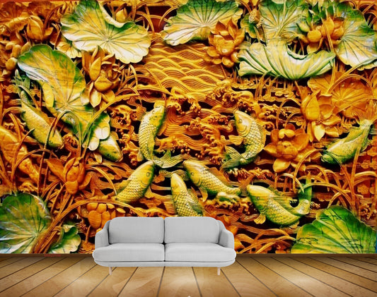 Avikalp MWZ0109 Red Flowers Green Fishes HD Wallpaper