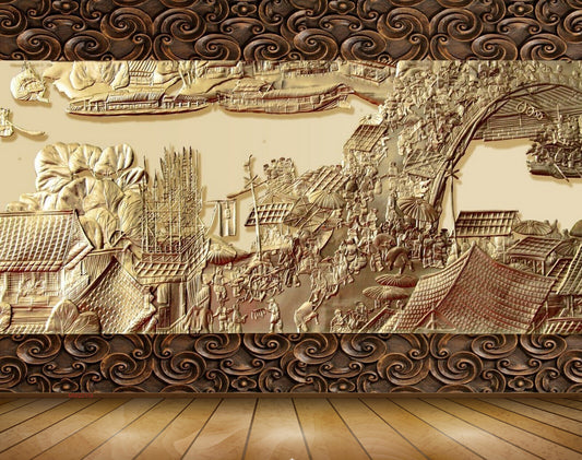 Avikalp MWZ0116 People Rivwer Bridge Houses Boats 3D HD Wallpaper