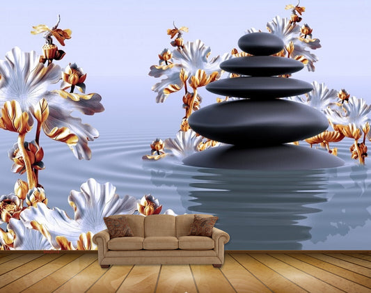 Avikalp MWZ0118 Stones White Flowers HD Wallpaper