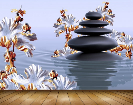 Avikalp MWZ0118 Stones White Flowers 3D HD Wallpaper
