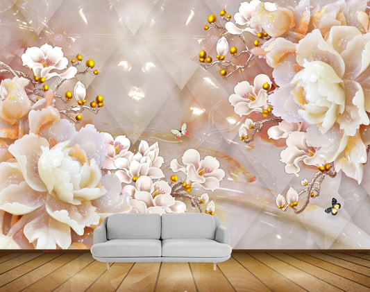 Avikalp MWZ0121 White Orange Flowers Butterflies HD Wallpaper