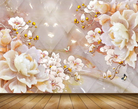Avikalp MWZ0121 White Orange Flowers Butterflies 3D HD Wallpaper