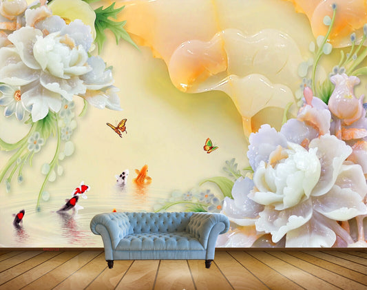 Avikalp MWZ0122 White Flowers Fishes Butterflies HD Wallpaper