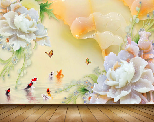 Avikalp MWZ0122 White Flowers Fishes Butterflies 3D HD Wallpaper