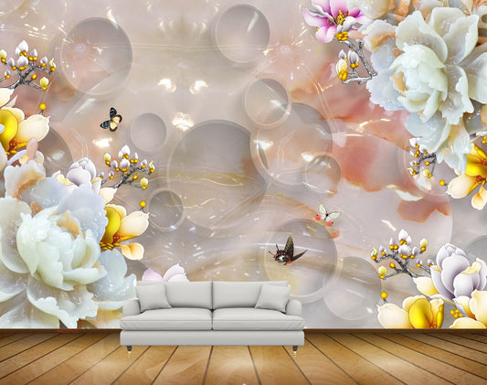 Avikalp MWZ0123 White Pink Flowers Butterflies HD Wallpaper