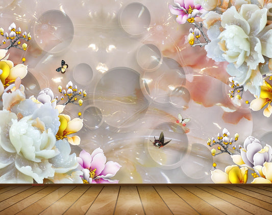 Avikalp MWZ0123 White Pink Flowers Butterflies 3D HD Wallpaper