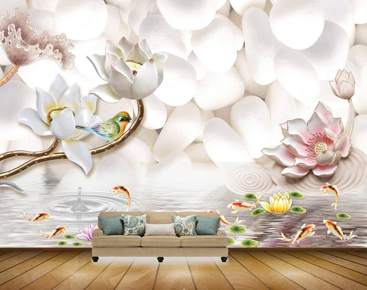 Avikalp MWZ0124 White Pink Flowers Fishes Bird HD Wallpaper