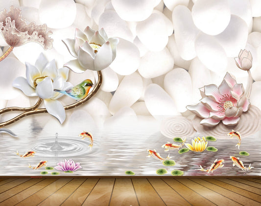 Avikalp MWZ0124 White Pink Flowers Fishes Bird 3D HD Wallpaper