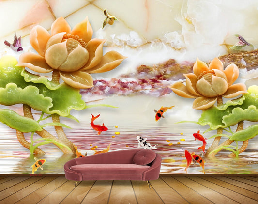 Avikalp MWZ0125 Orange Flowers Fishes Birds HD Wallpaper