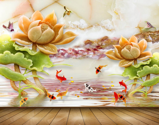 Avikalp MWZ0125 Orange Flowers Fishes Birds 3D HD Wallpaper