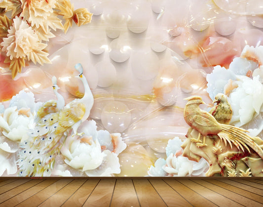 Avikalp MWZ0126 White Peacocks Birds Flowers 3D HD Wallpaper