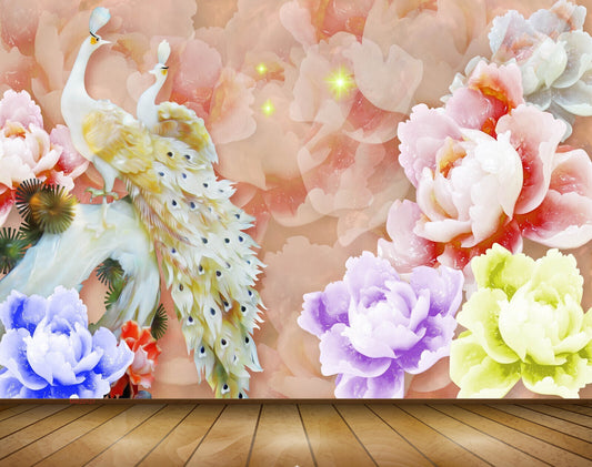 Avikalp MWZ0127 Peacocks Pink Blue Yellow Flowers 3D HD Wallpaper