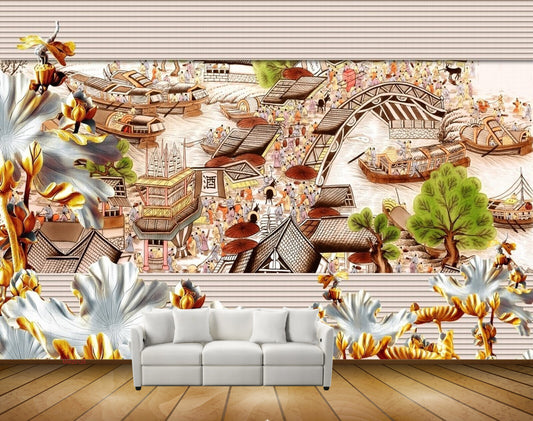 Avikalp MWZ0128 White Flowers Trees Bridge Boats HD Wallpaper