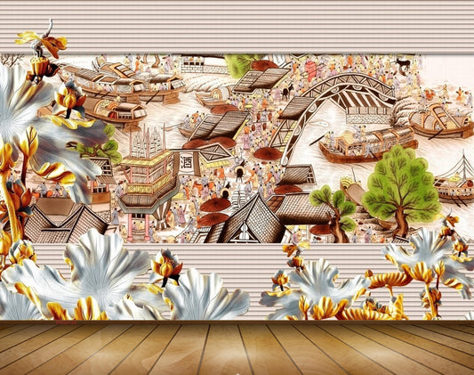 Avikalp MWZ0128 White Flowers Trees Bridge Boats 3D HD Wallpaper