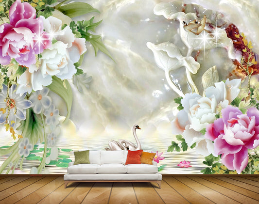 Avikalp MWZ0129 White Pink lotus Flowers Swans Birds HD Wallpaper