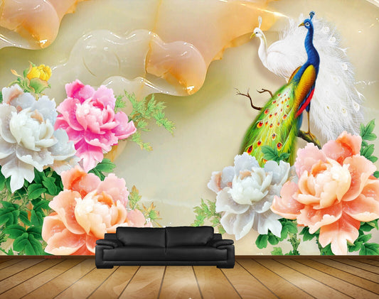 Avikalp MWZ0130 Peacocks White Pink Orange Flowers HD Wallpaper